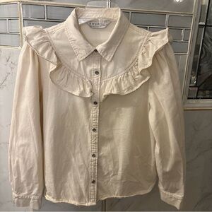 Denim Cream Button Down Long Sleeve Shirt with Ruffles 100 % Cotton Size 12